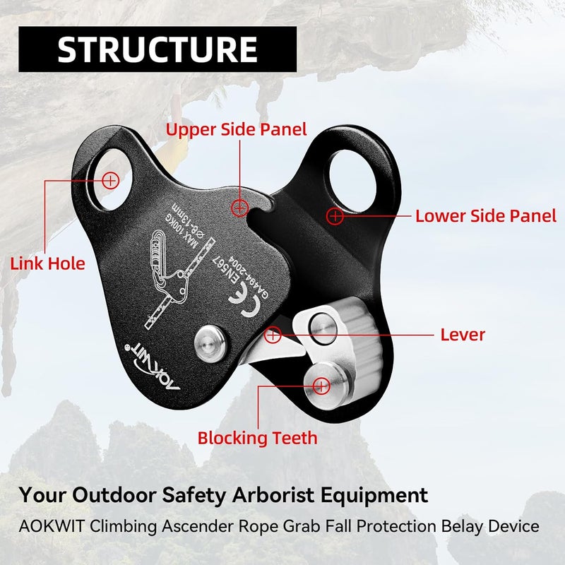 AOKWIT Climbing Ascender Rope Grab Fall Protection Belay Device Tree Climbing Gear Rappelling Equipment Rope Ascender for Rock Climbing Mountaineering Arborist Caving Rescue Aerial Work 8-12mm Ropes - Image 4